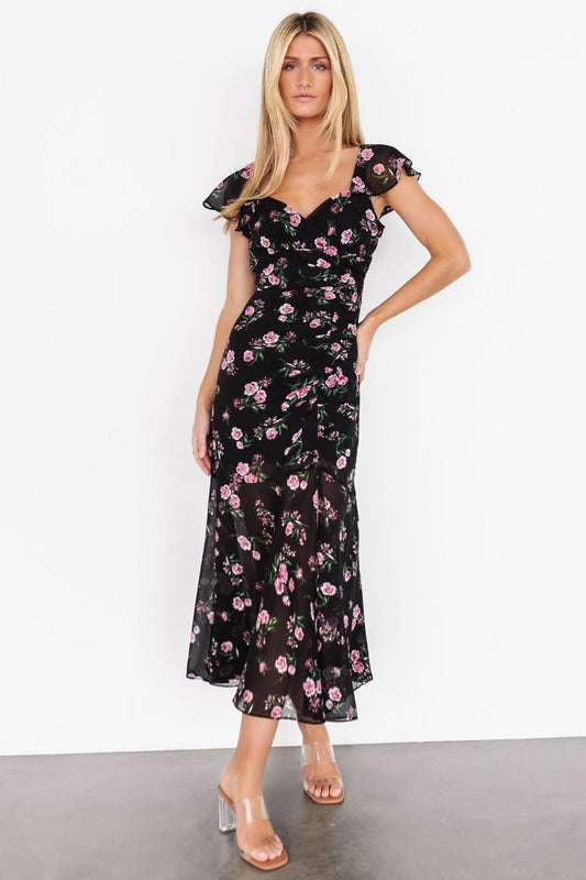 Mariana Ruched Midi Dress | Black Floral - Baltic Born