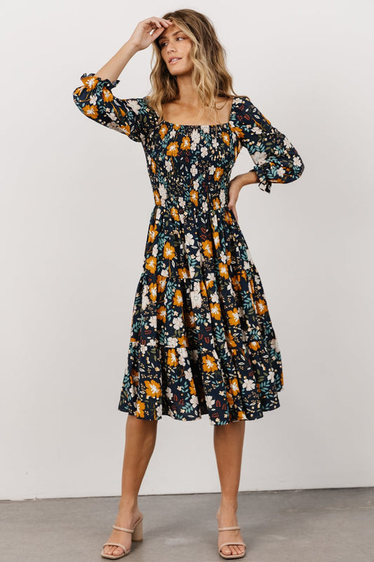 Marta Smocked Midi Dress | Dark Blue Vintage Floral - Baltic Born