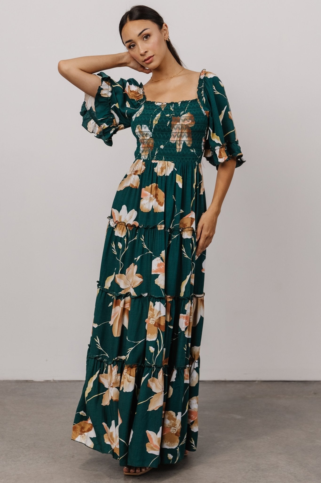 Natasha Ruffle Maxi Dress | Deep Green Floral - Baltic Born