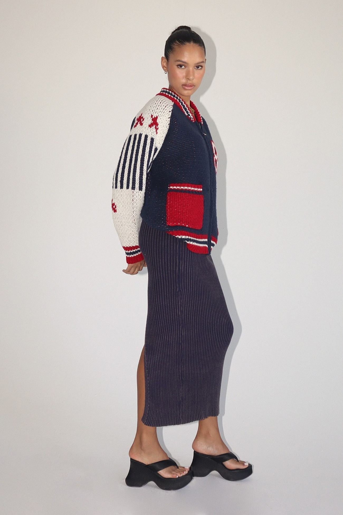 Navy Garment Ribbed Midi Skirt