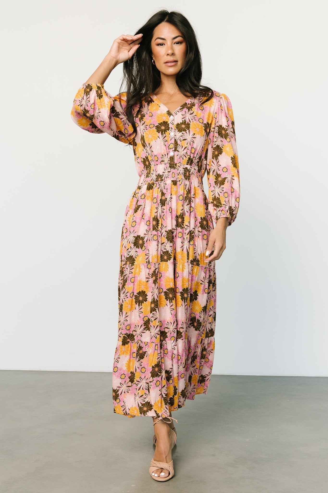 Noa Tiered Midi Dress | Pink + Mustard - Baltic Born