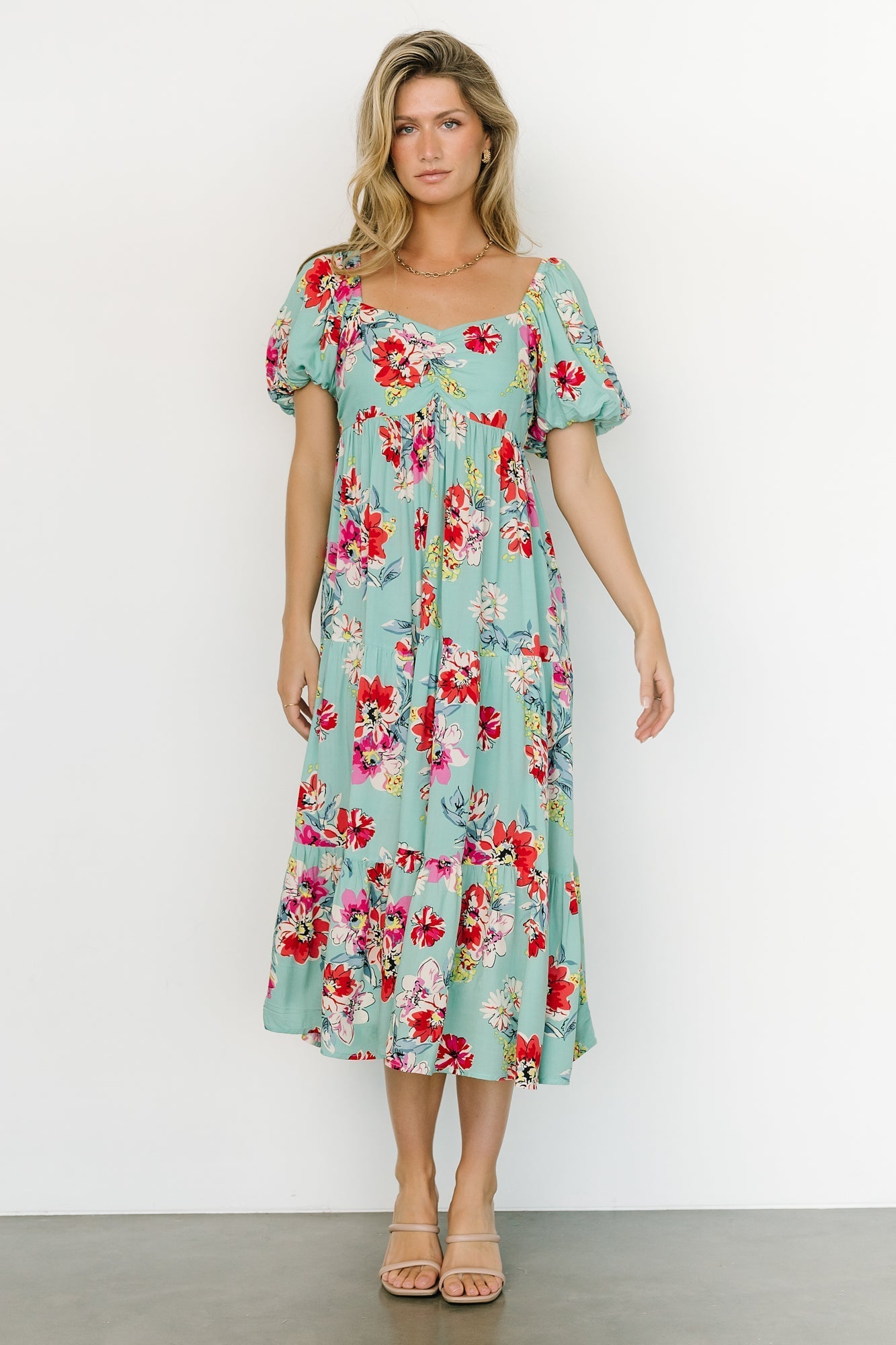 Santaquin Bubble Sleeve Midi Dress | Green Multi - Baltic Born