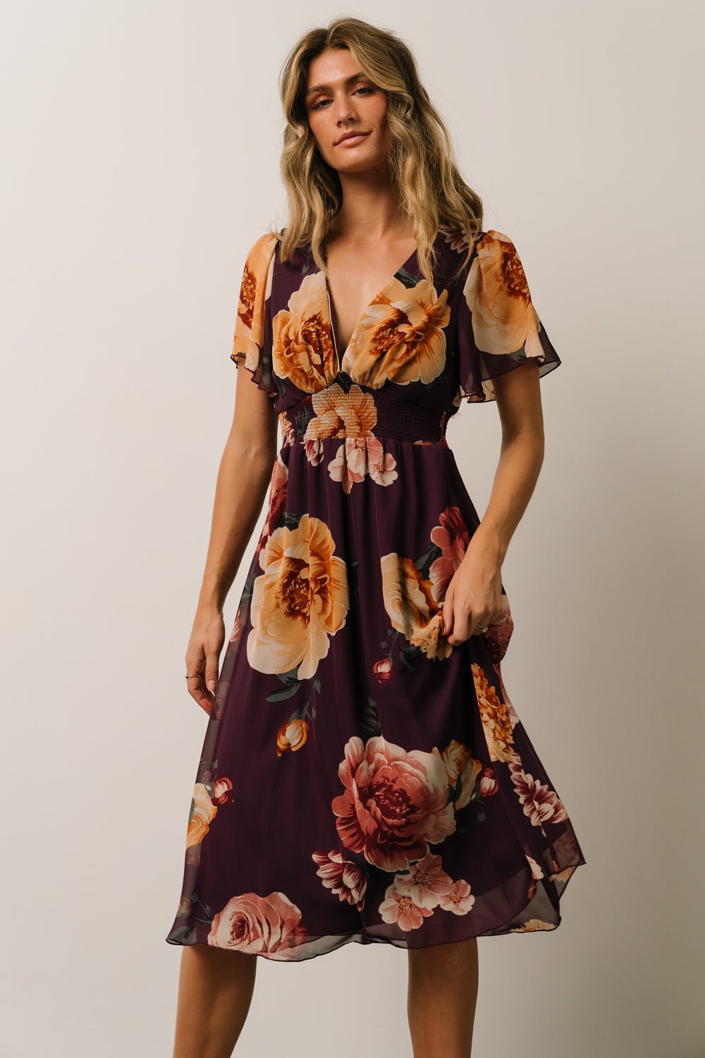 Sarah Smocked Midi Dress | Eggplant Floral - Baltic Born
