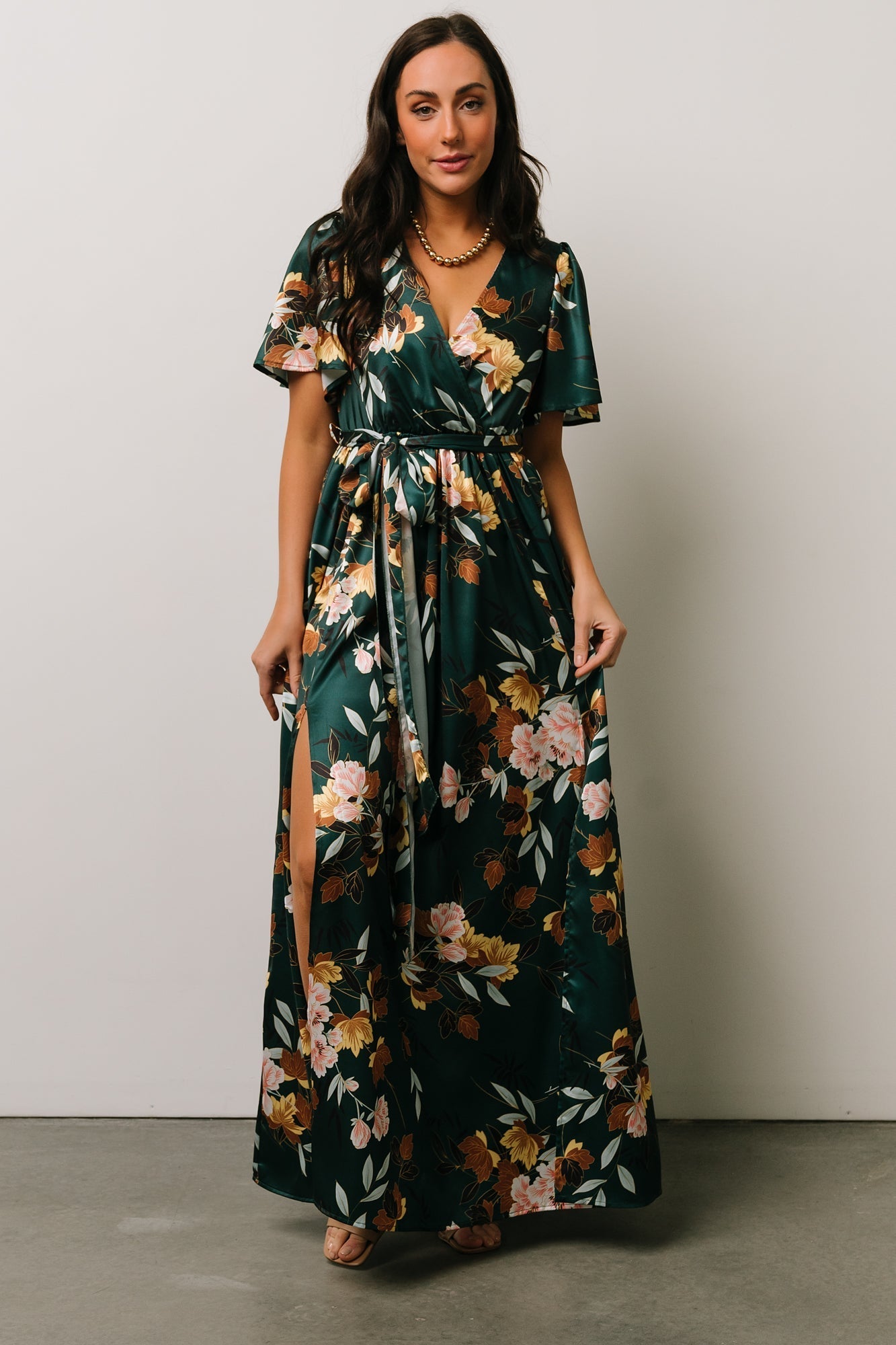 Sicily Satin Maxi Dress | Dark Green Floral - Baltic Born
