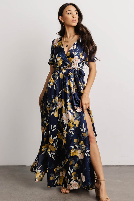 Sicily Satin Maxi Dress | Navy Floral - Baltic Born