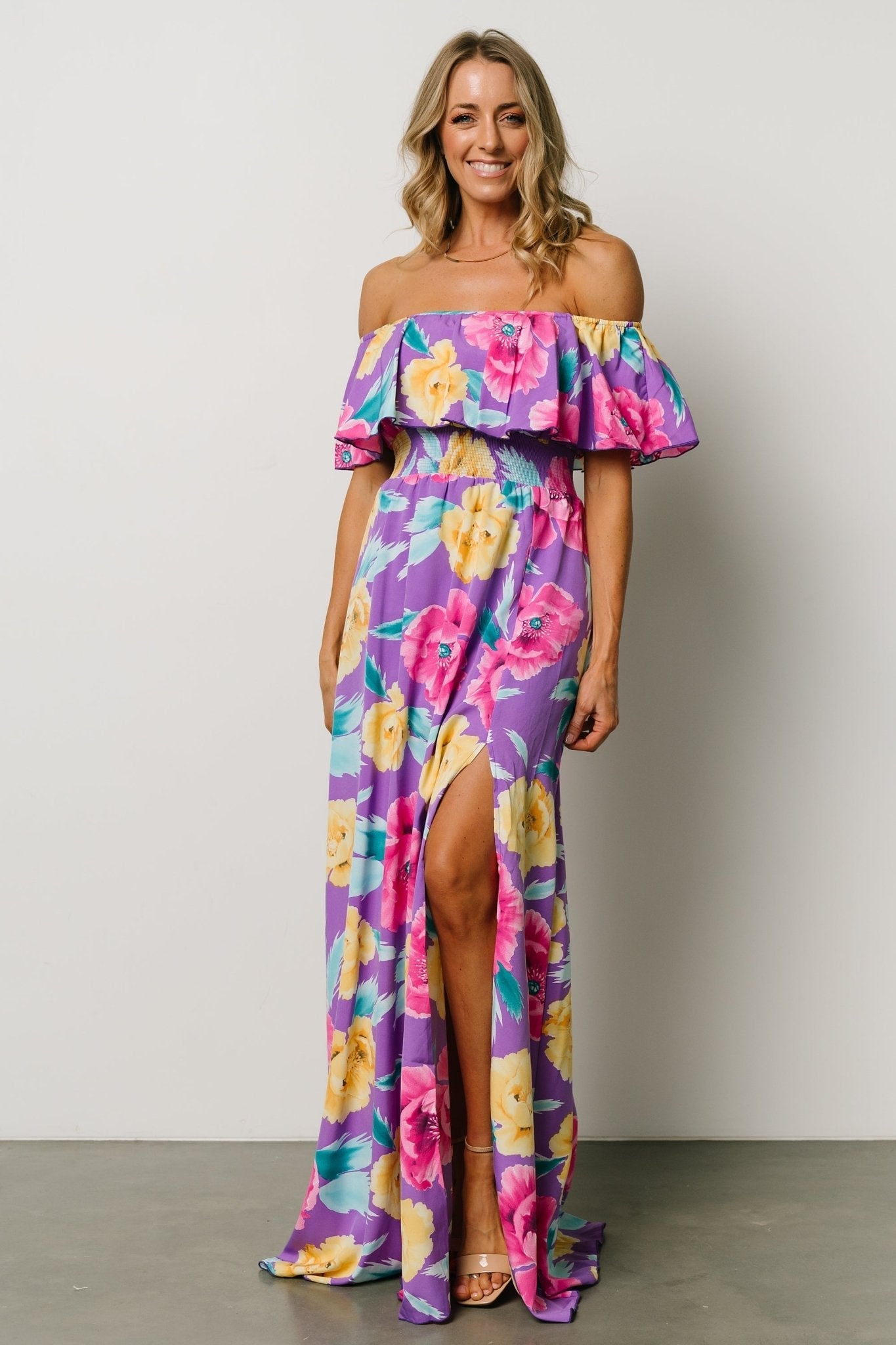 Talia Off Shoulder Maxi Dress | Purple Floral - Baltic Born