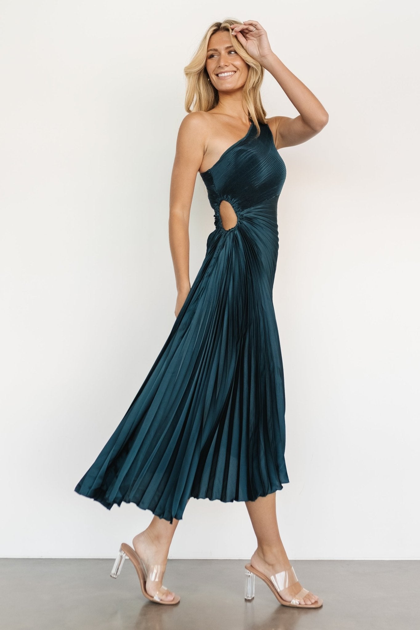 Tasia One Shoulder Pleated Dress | Deep Jade - Baltic Born