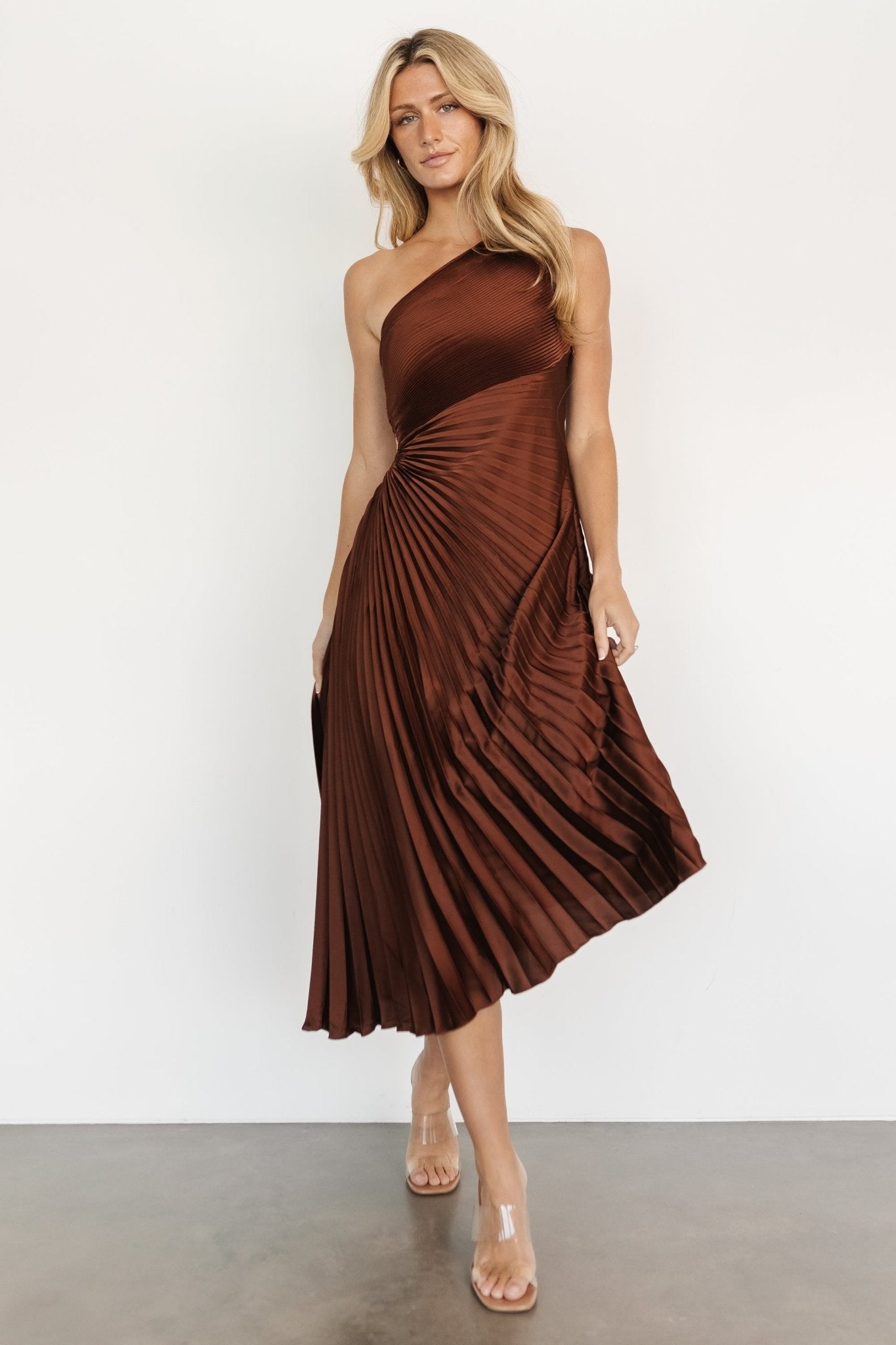 Tasia One Shoulder Pleated Dress | Mahogany - Baltic Born