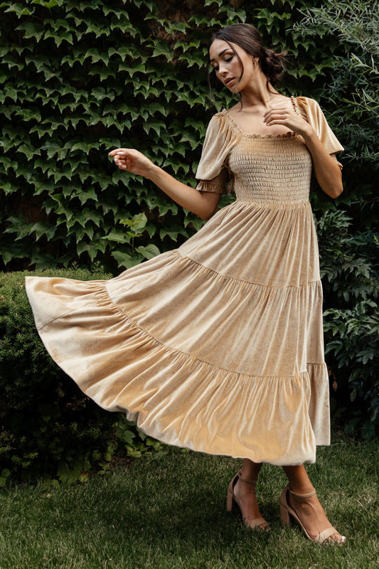 Vivaldi Smocked Velvet Midi Dress | French Gold - Baltic Born
