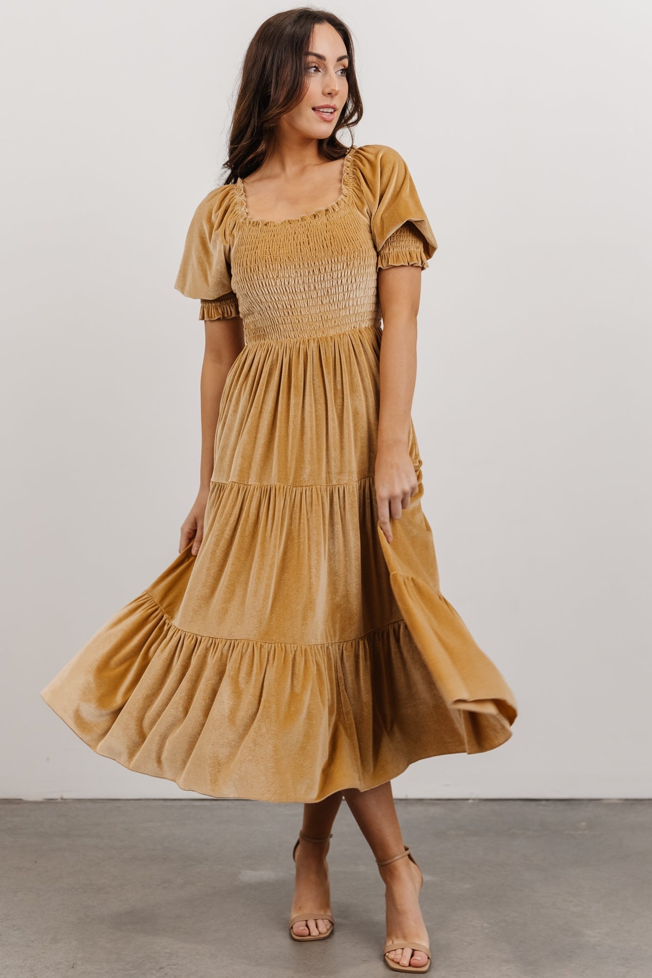 Vivaldi Smocked Velvet Midi Dress | French Gold - Baltic Born